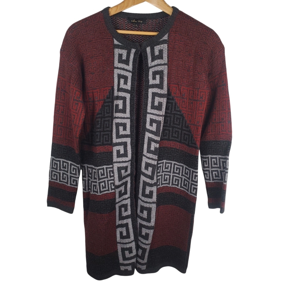 Melissa Paige Burgundy and Black Aztec Duster Cardigan. SM. #0206